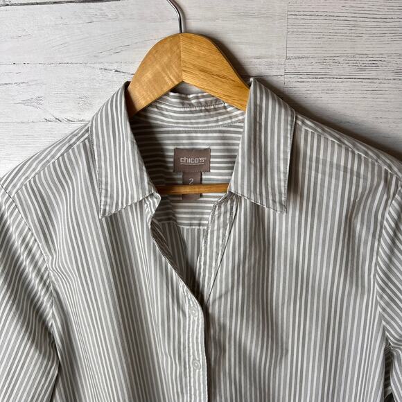 Chicos Top Womens Size 2/L Taupe & White Striped Button Down Bell Sleeves - Picture 7 of 16